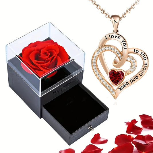 Luxury Heart Zircon Necklace With Rose Flower Gift Box