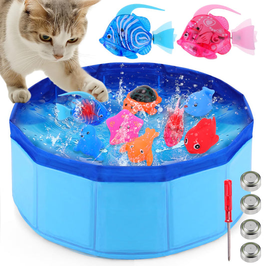 Palksky Cat Toy Pool with Fish Cat Enrichment Toys for Indoor Cats Cat Water Toys for Cats Cat Pool with 2PCS Robotic Swimming Fish and 6PCS Silicone Fish